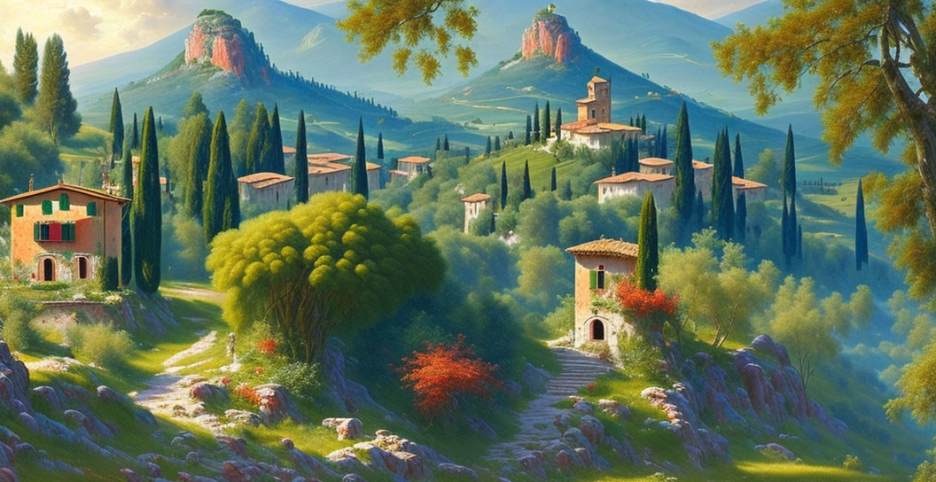 Tranquil Tuscan landscape with rolling hills and cypress trees