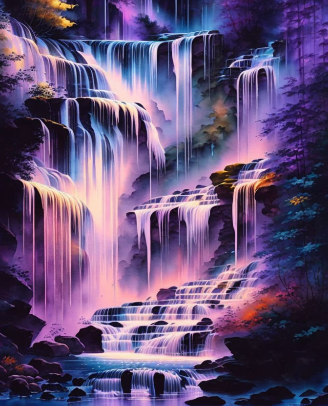 Vibrant digital artwork: Cascading waterfall in purple and blue hues, mythical forest setting