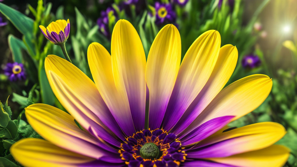 Bright yellow and purple gazania flower in full bloom with soft-focus foliage in warm sunlight