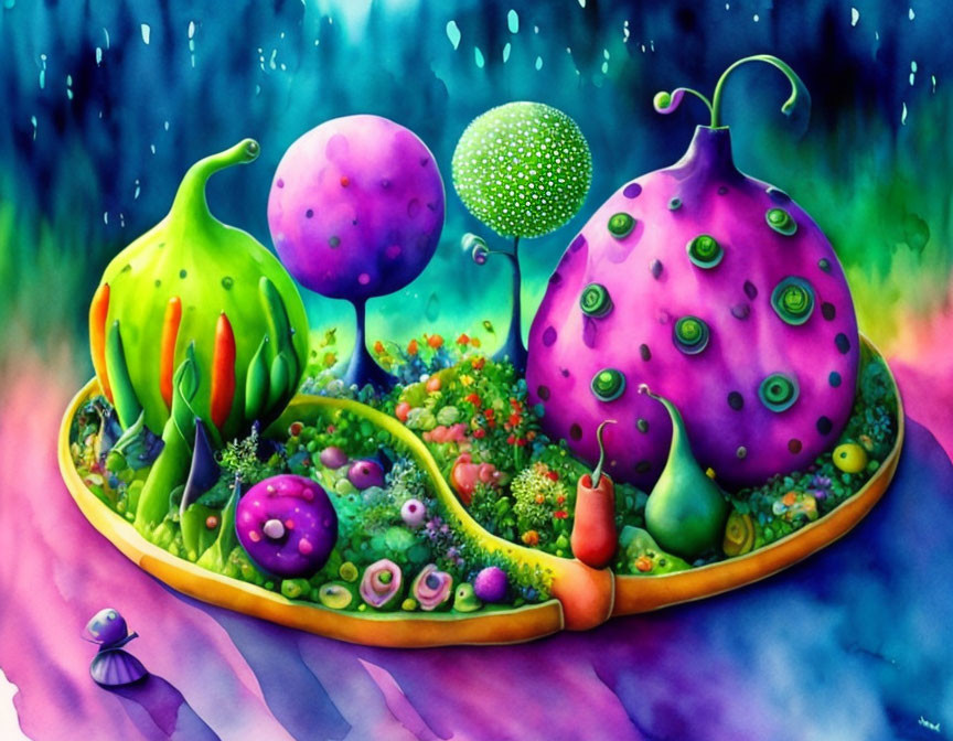 Colorful whimsical painting of alien garden with vibrant plants & floating landmass