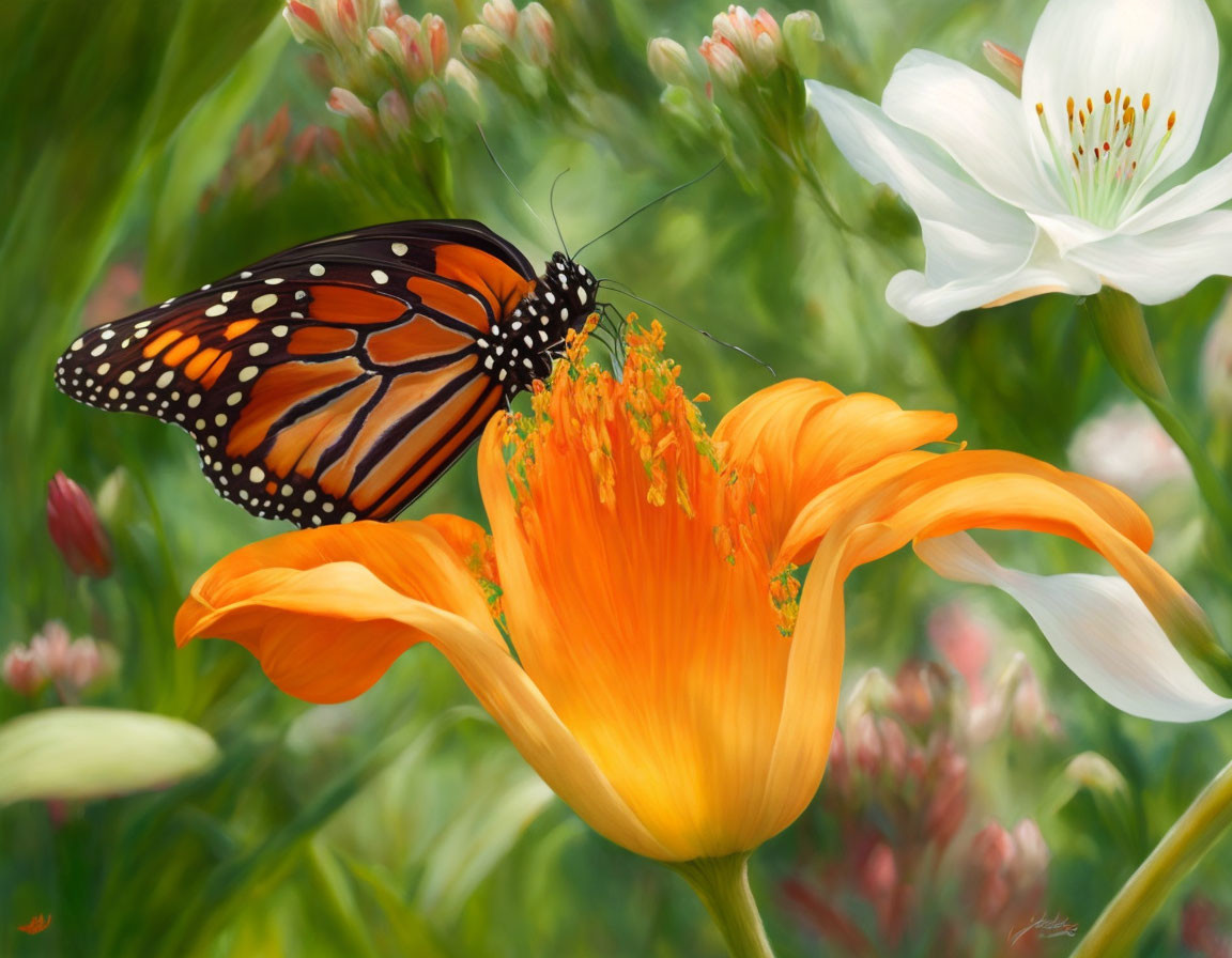 Monarch butterfly on vibrant orange flower with white blossoms & green foliage