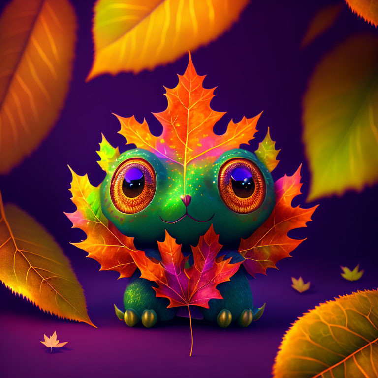 Whimsical illustration of cute creature with autumn leaves ears on purple background