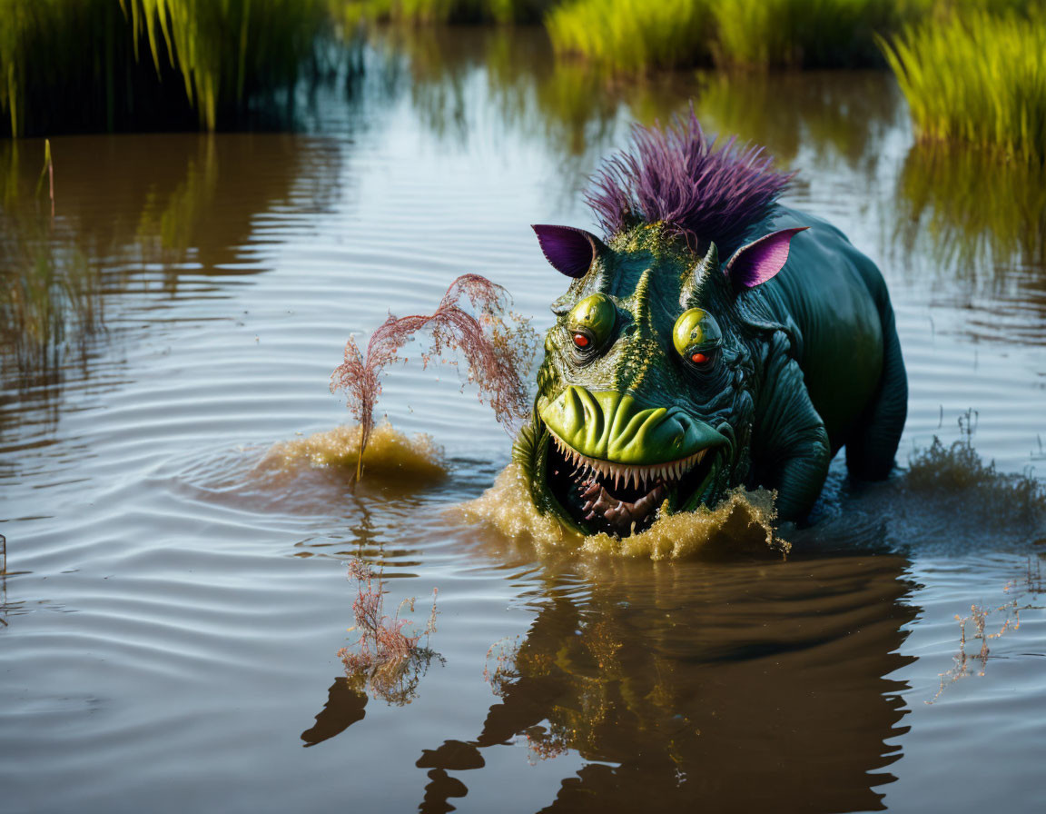 Colorful animatronic creature with green skin, yellow eyes, and purple hair emerging from water spl