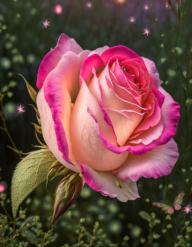 Pink and White Rose on Bokeh Green Background with Stars and Butterfly