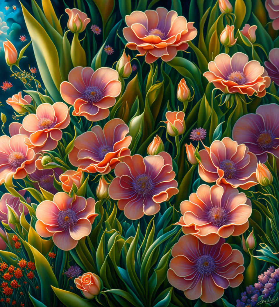 Peach-Colored Flowers Among Lush Greenery: Vibrant Digital Art