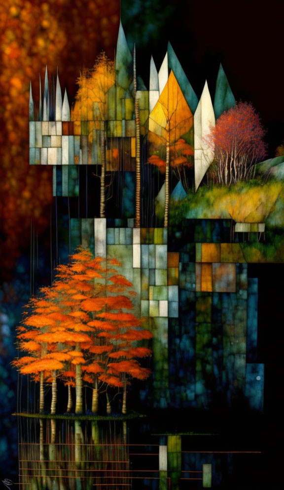 Abstract painting: Geometric castle in autumnal setting