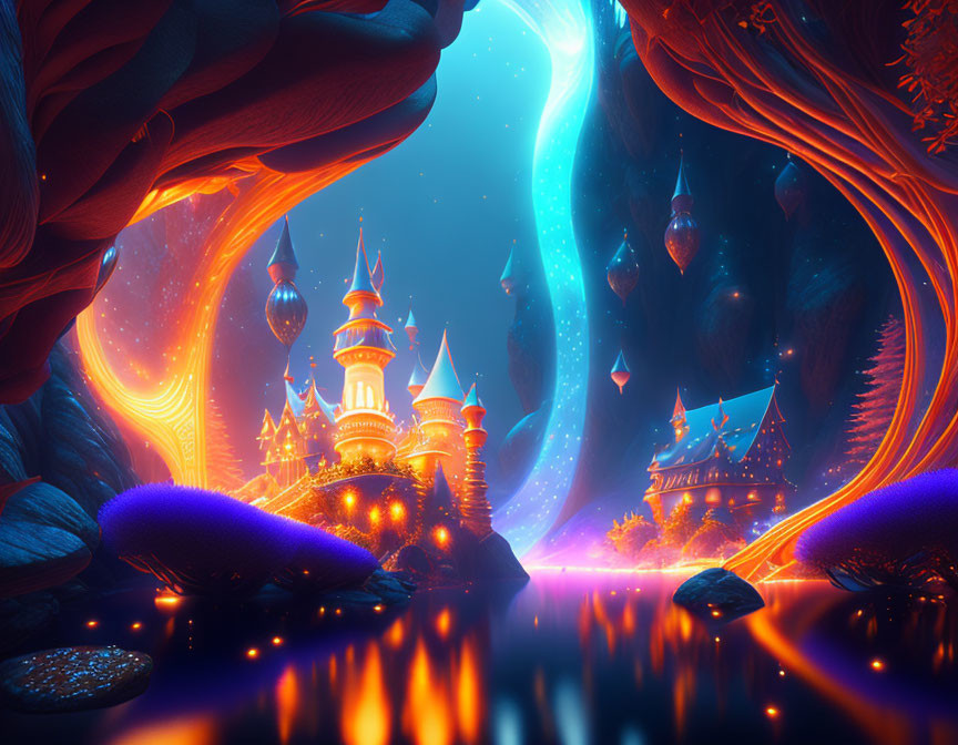 Enchanted castle at night in mystical forest with glowing lights