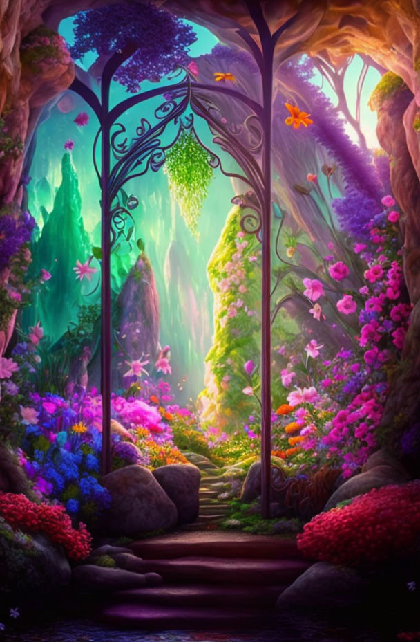 Enchanting forest pathway with lush flowers and whimsical trees