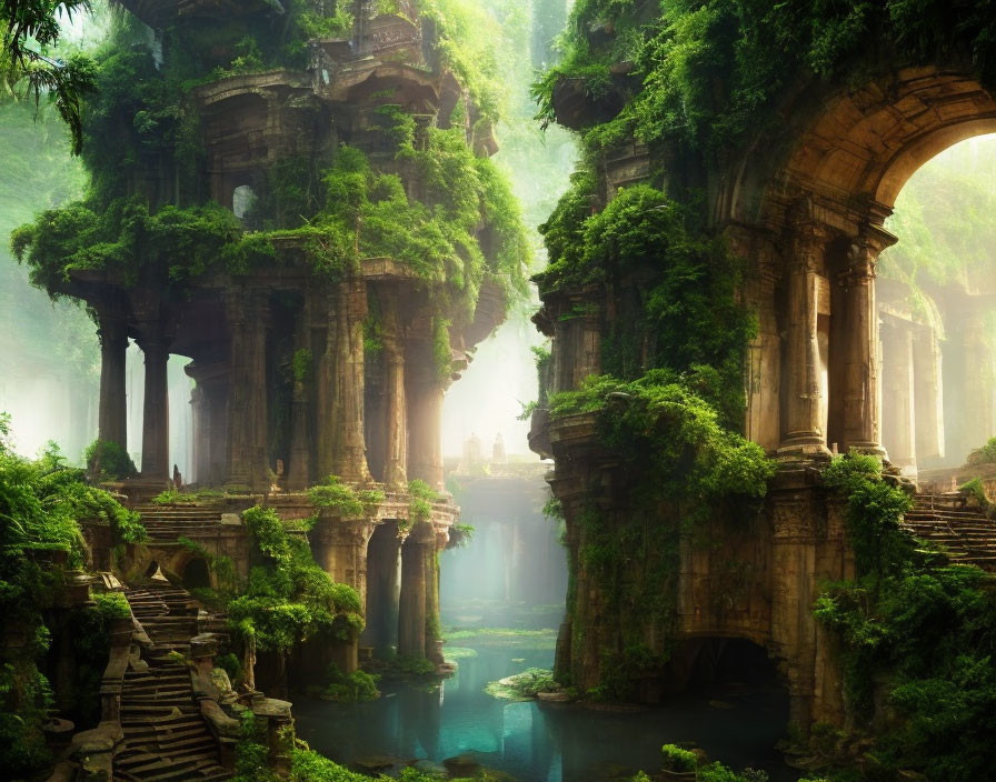 Ethereal landscape: Ancient ruins in misty forest