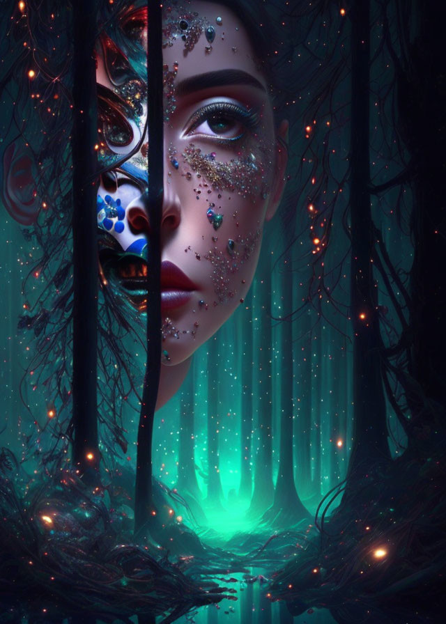 Portrait of woman with half jeweled face in mystical forest.