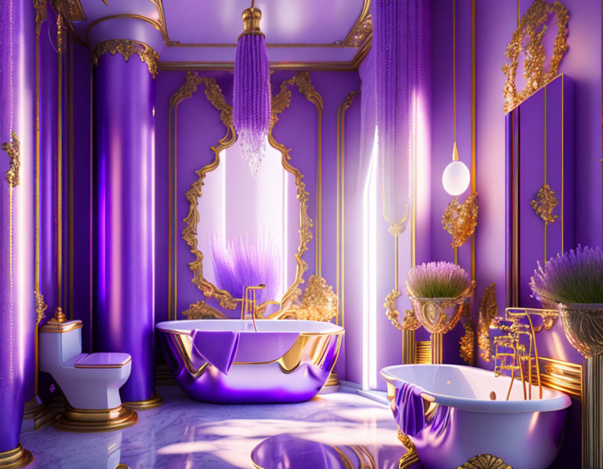 Luxurious Bathroom with Purple Walls and Gold Accents