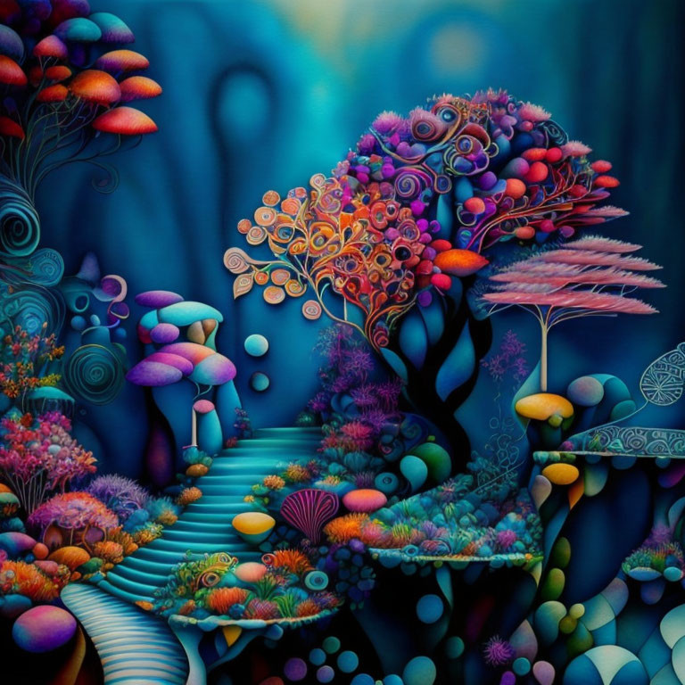 Colorful surreal landscape with fantastical plants and mysterious stairway