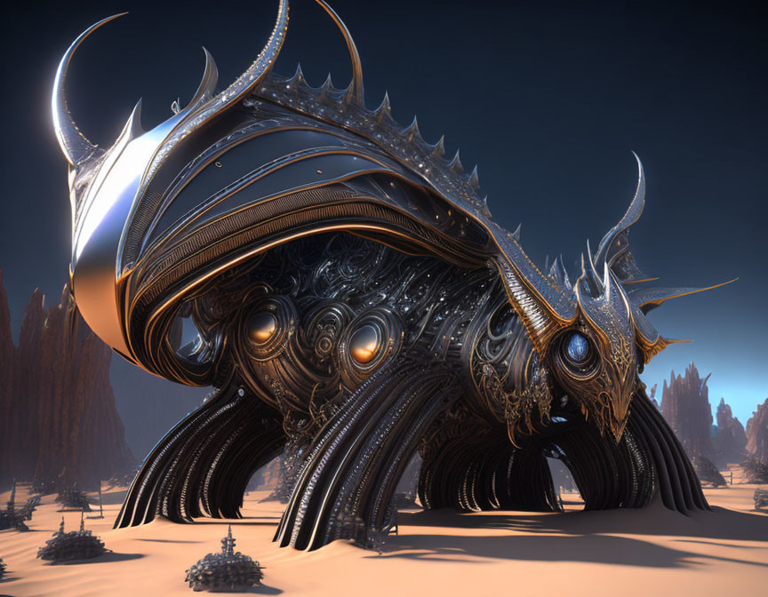 Futuristic metallic beetle creature in desert landscape