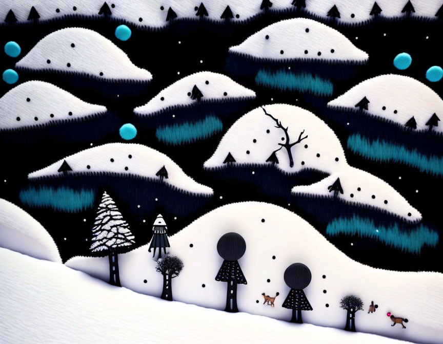 Whimsical winter landscape with faces on hills, trees, person, and animals