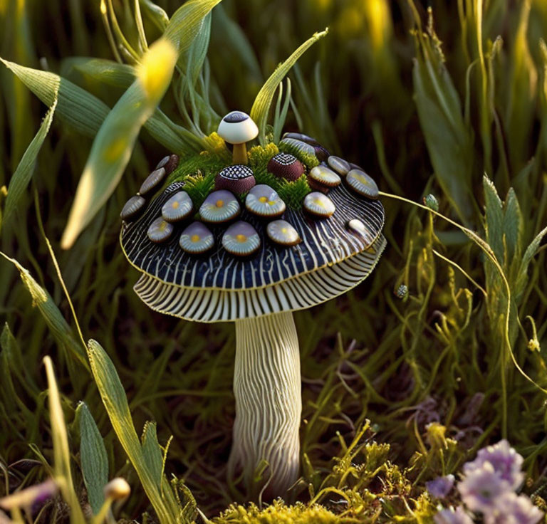 Patterned Black-and-Blue Mushroom with Colorful Candies in Green Grass