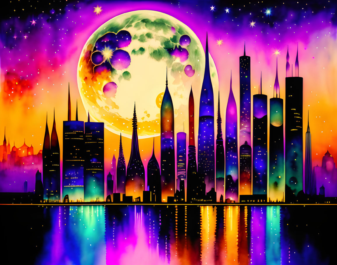 Colorful fantasy cityscape with reflective skyscrapers under cosmic sky