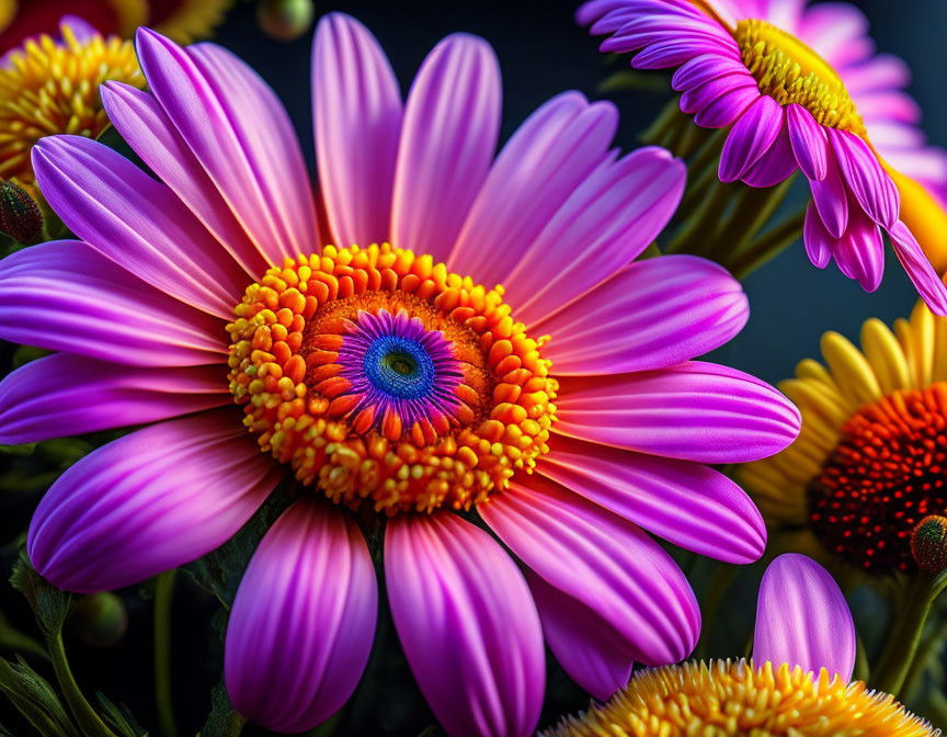 Colorful Close-Up of Pink Gerbera Daisy with Blue and Orange Center