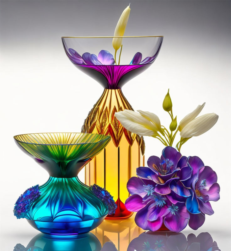 Iridescent Glass Vases with Vibrant Flowers on Gradient Background