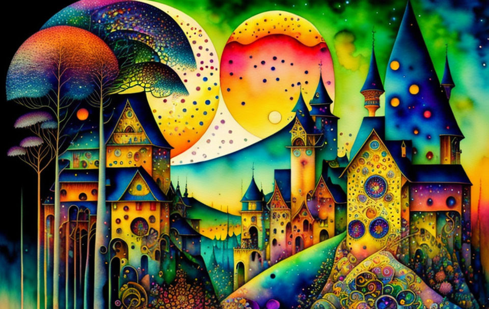 Colorful Stylized Castle Artwork Under Celestial Sky