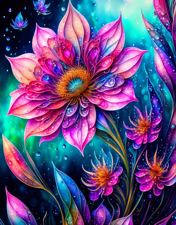 Colorful glowing flowers on dark blue backdrop