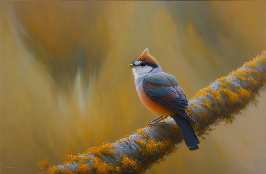 Colorful Bird with Tufted Head Perched on Mossy Branch