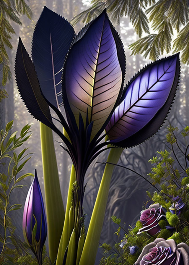 Stylized digital art: Purple leaves on forest backdrop