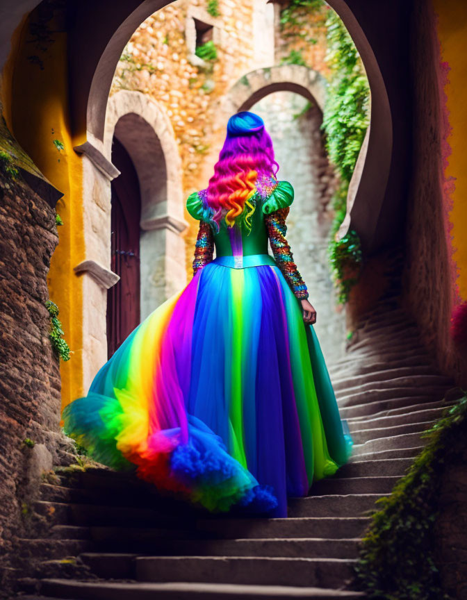 Colorful Hair and Rainbow Dress Figure on Ancient Stone Staircase