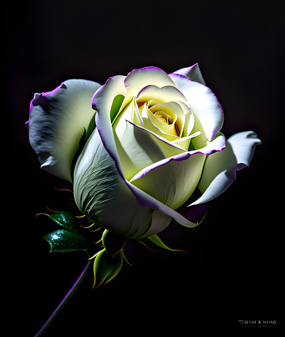 Vibrant white rose with purple-edged petals on dark background