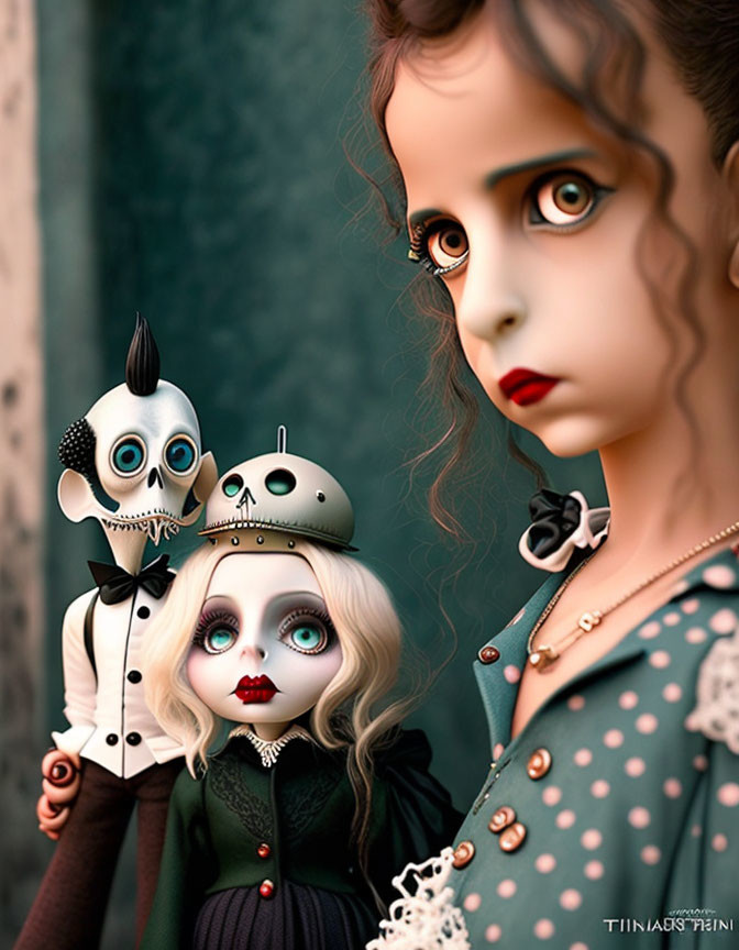 Stylized image of girl with exaggerated eyes and gothic doll-like figures in victorian attire.