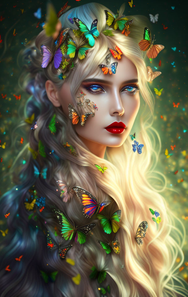 Blonde Woman with Butterflies in Magical Setting