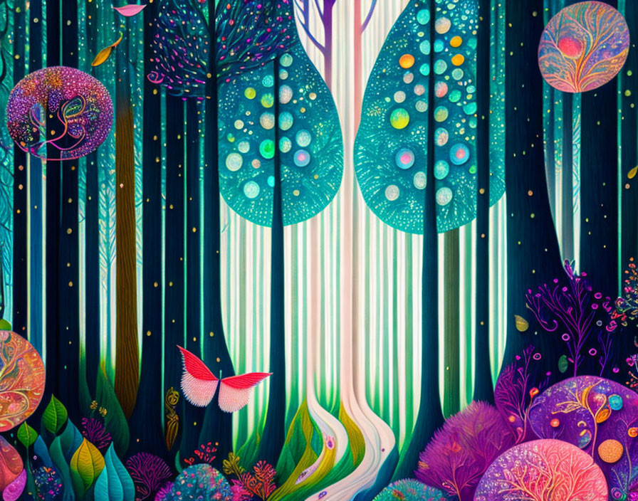 Colorful whimsical forest with swirling trees, orbs, and fantastical creatures