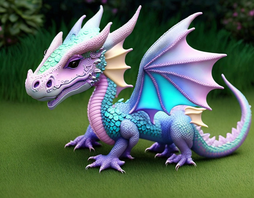 Fantasy dragon with purple and teal scales in 3D rendering