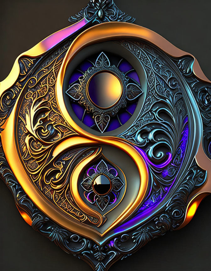 Circular Amulet with Gold and Silver Patterns and Purple Gemstone