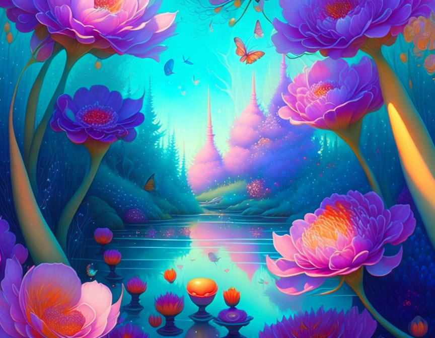 Fantasy landscape with oversized pink flowers, sparkling river, lanterns, butterflies, twilight sky