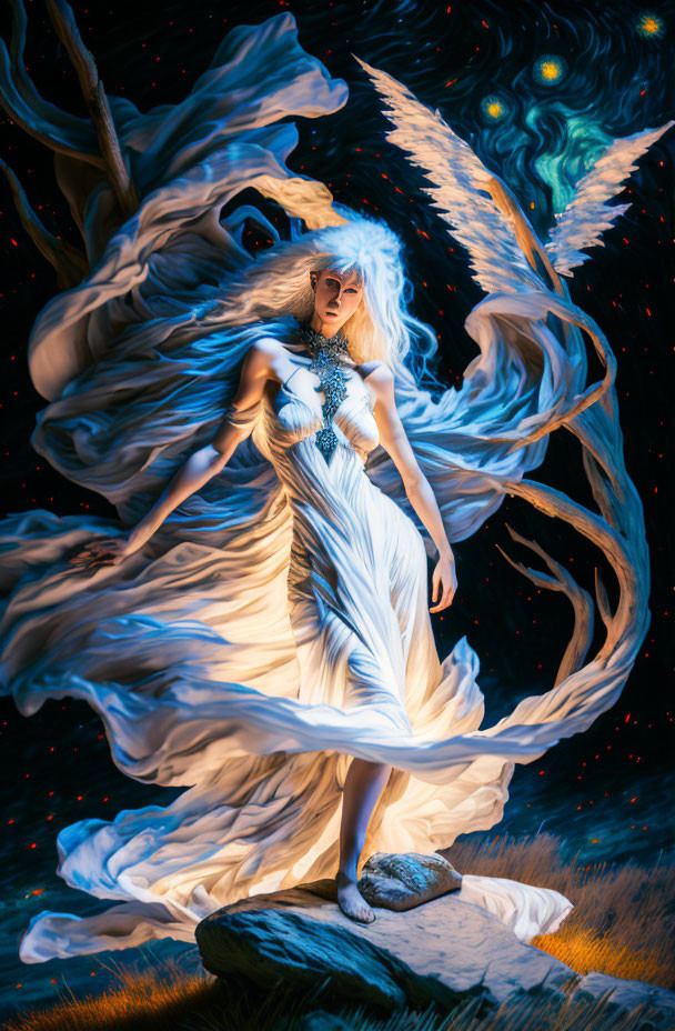 Mystical woman in flowing white garments surrounded by swirl of light against starry night.