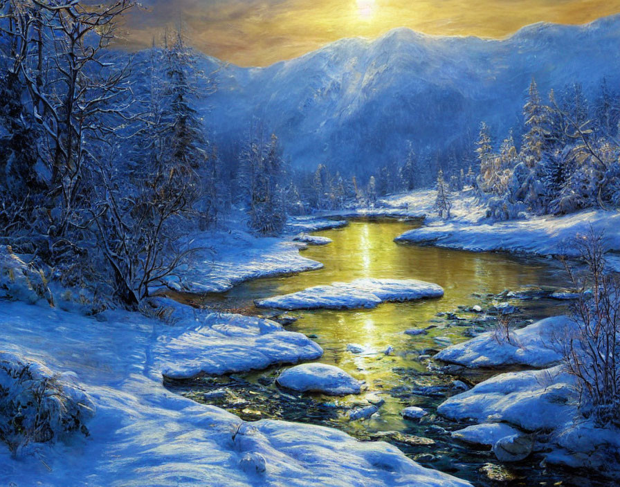 Winter river landscape with sunlight on snow