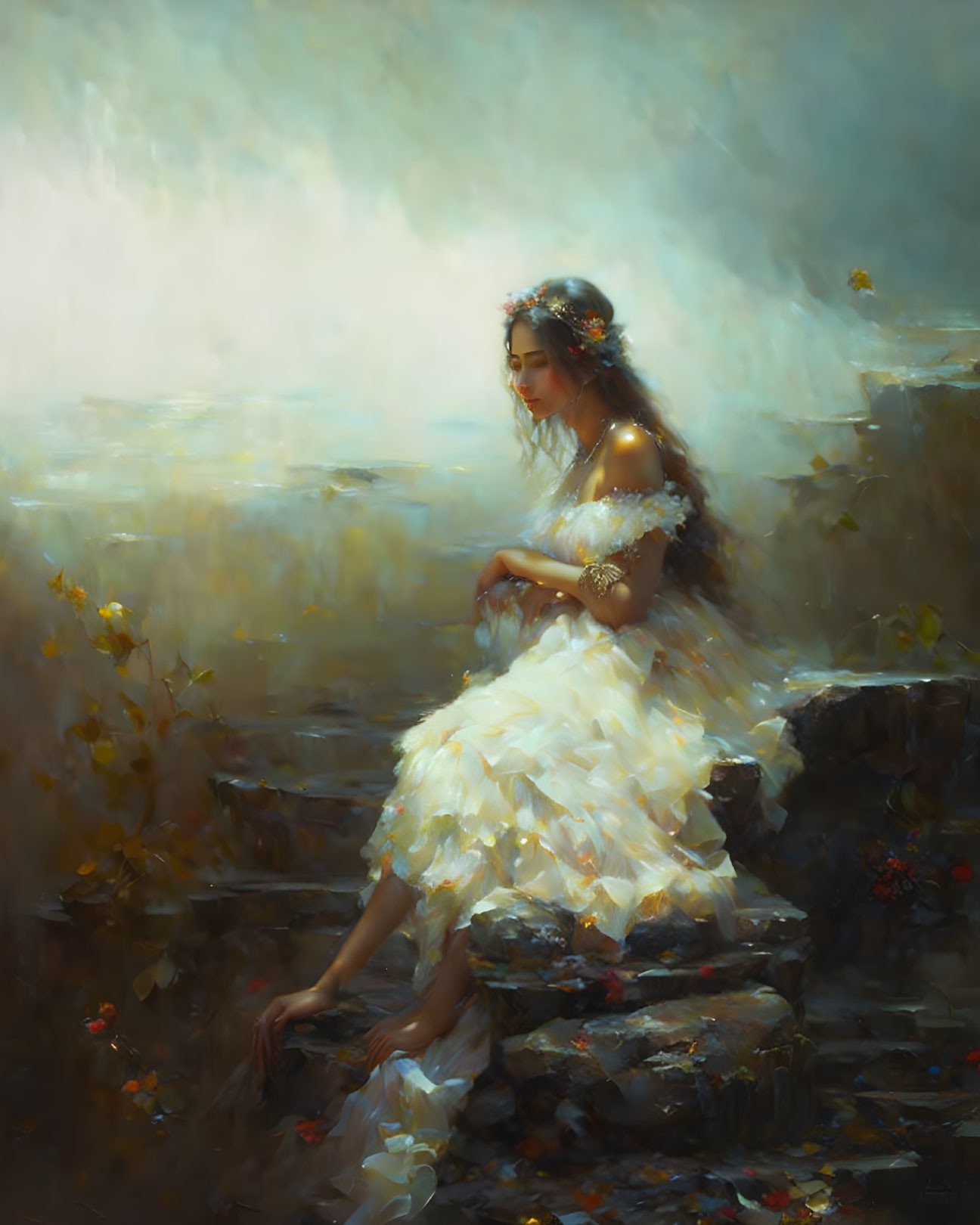 Woman in white dress sitting on stone steps in serene landscape with flowers in hair