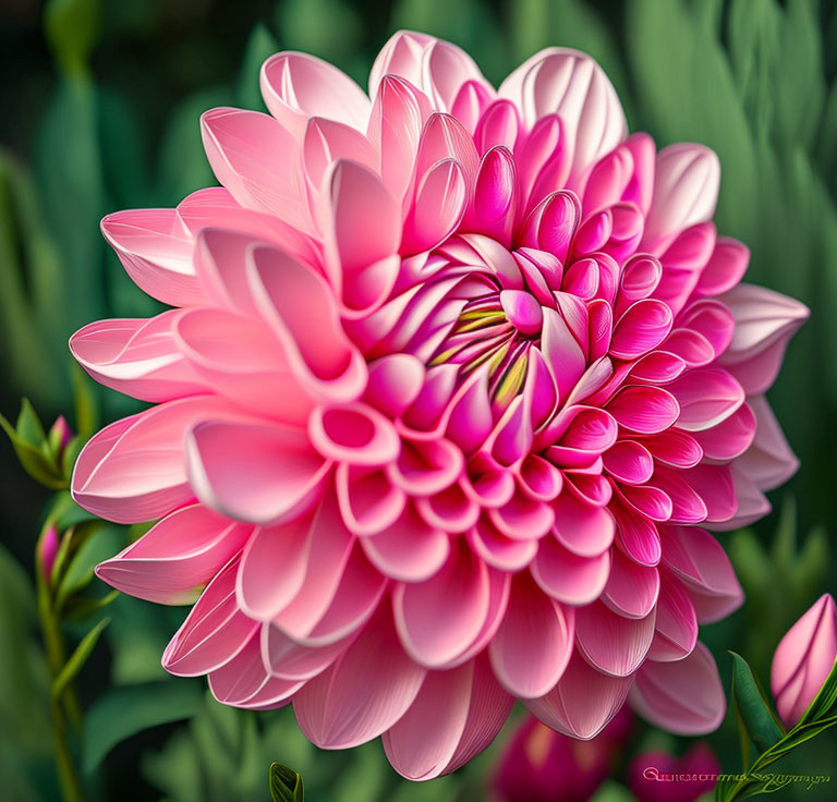 Vibrant pink dahlia with intricate petals on soft-focus green foliage