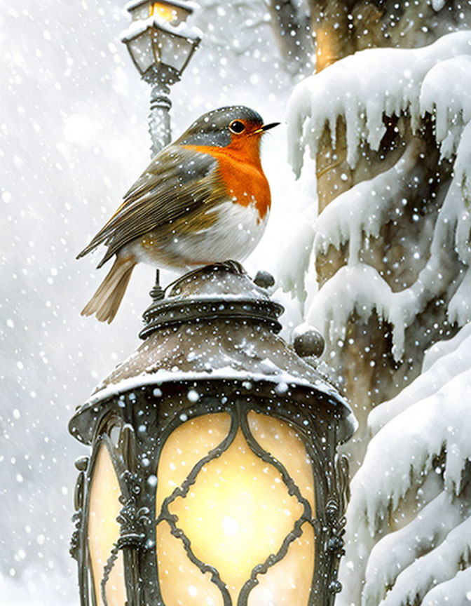 Robin perched on snow-covered street lamp in falling snowflakes