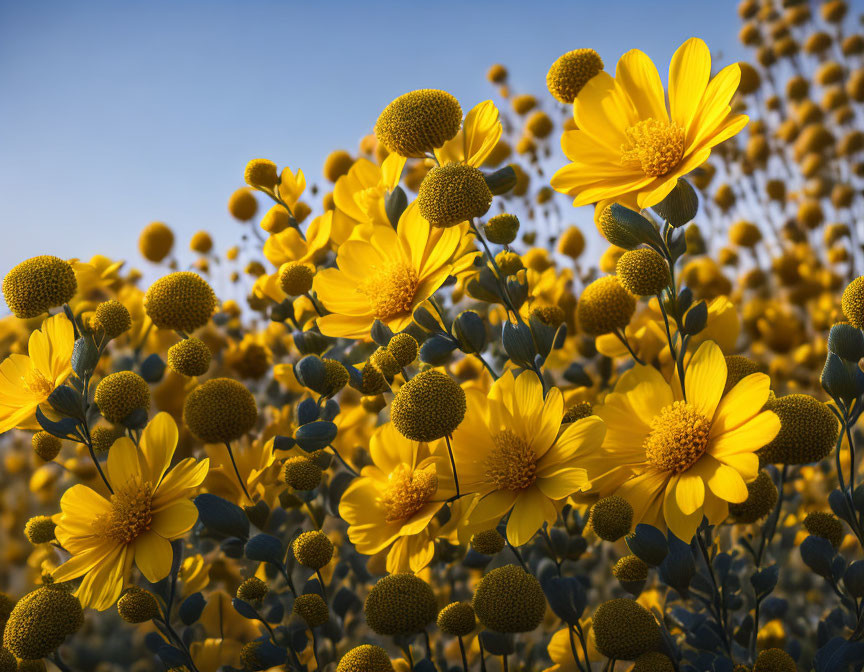 Vibrant yellow flowers under clear blue sky at sunset