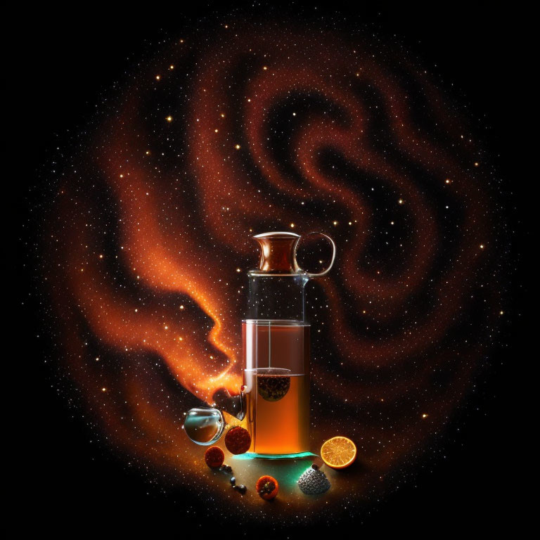 Glass teapot with amber liquid and galaxy backdrop.