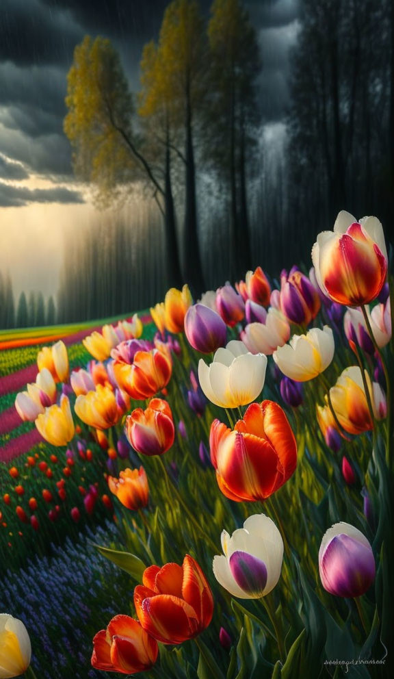 Colorful tulip field under stormy sky with sunlight and shadows.