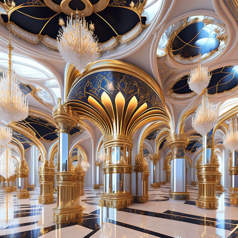 Luxurious interior with golden columns, intricate ceilings, crystal chandeliers, black and white checkerboard