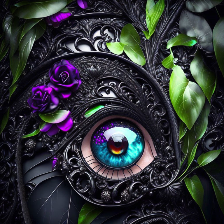 Blue eye with black filigree, green leaves, and purple roses art composition