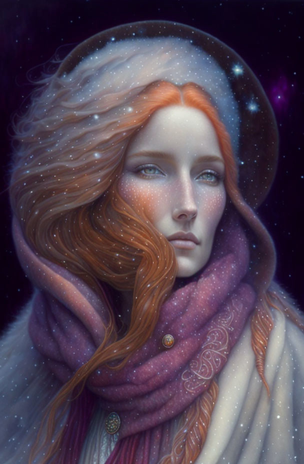 Red-haired woman in cozy scarf against cosmic starry background