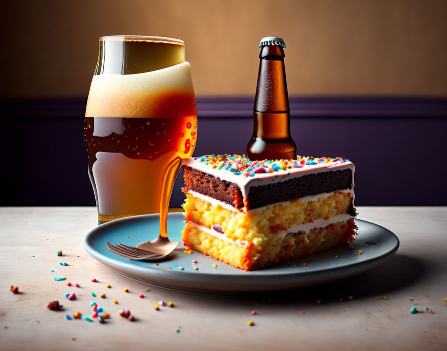 Foamy beer glass beside spilled bottle on sprinkle cake slice