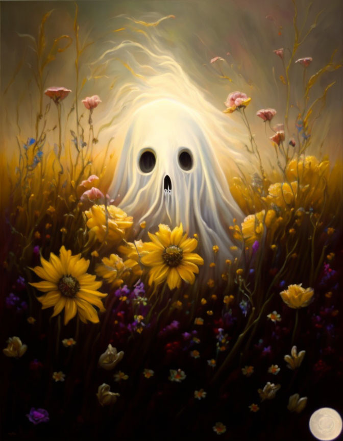 Surreal painting: Ghostly face in vibrant flower field