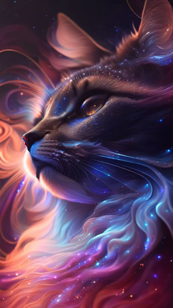 Colorful Cat Artwork with Cosmic Background