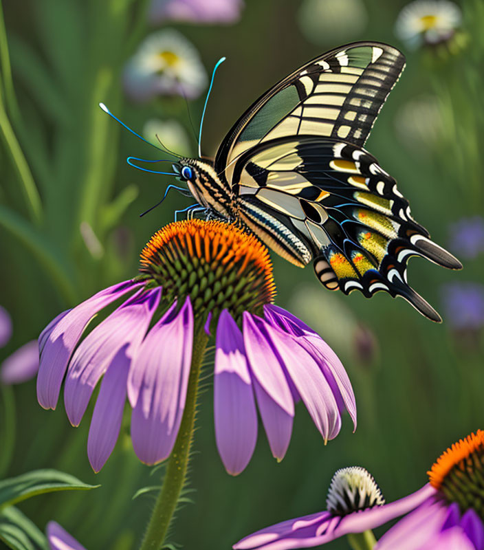 Colorful Butterfly on Purple Coneflower with Green Background