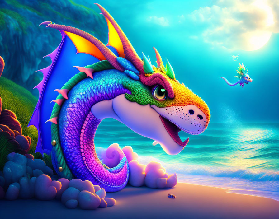 Vibrant dragon with green scales and blue wings on beach at sunset